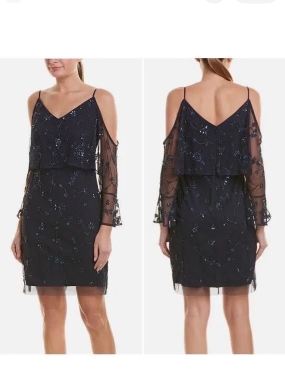 NWT Adrianna Papell sheath beaded dress twilight navy cold shoulder size 8